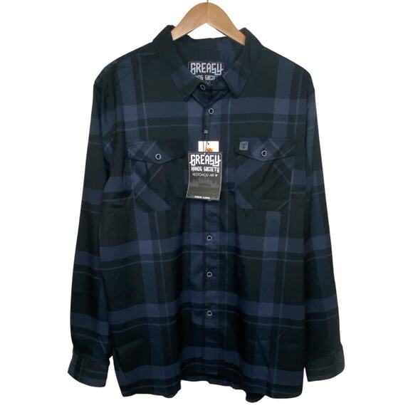 Greasy Hands Society Mens Navy Blue & Black Button Up Flannel Shirt 2XLT Tall - Picture 1 of 9